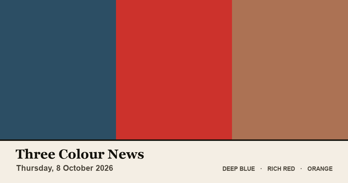 Three colour blocks: Deep Blue, Rich Red, Orange. The colours of the British front pages on Thursday, 8 October 2026.