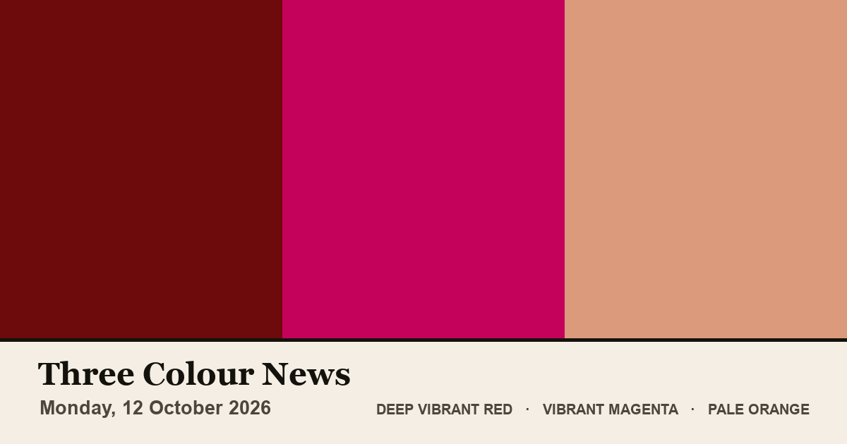 Three colour blocks: Deep Vibrant Red, Vibrant Magenta, Pale Orange. The colours of the British front pages on Monday, 12 October 2026.