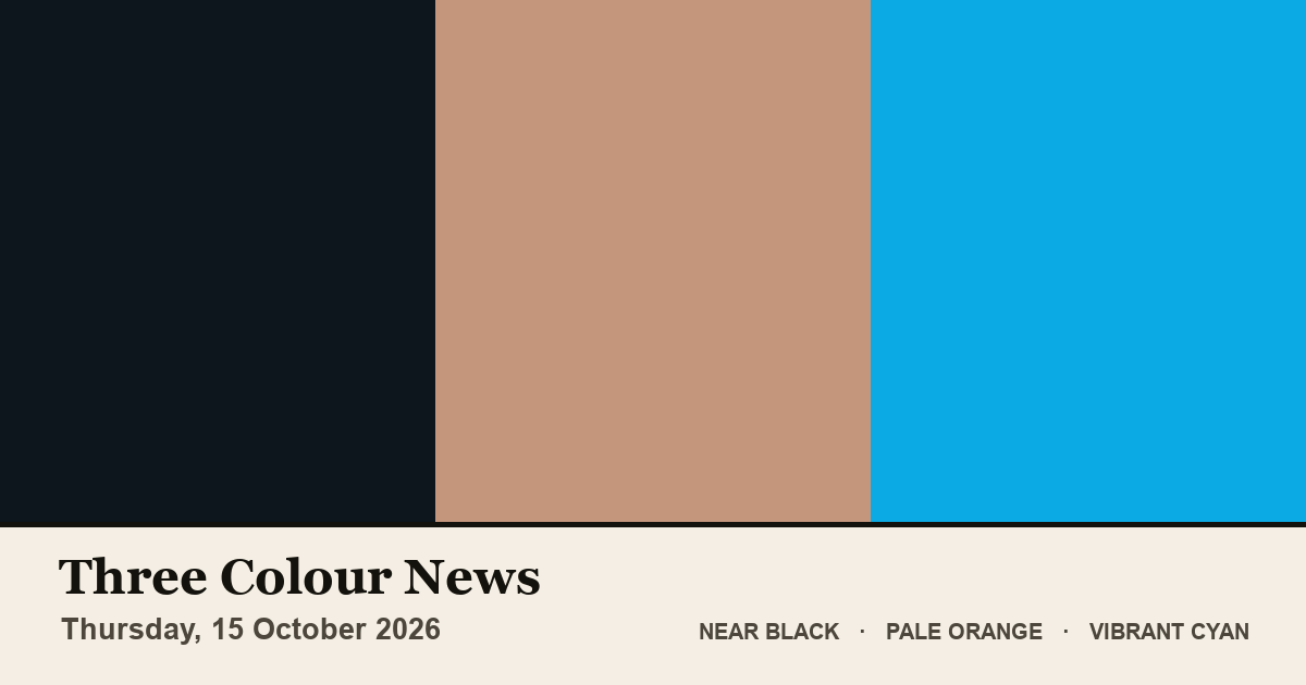 Three colour blocks: Near Black, Pale Orange, Vibrant Cyan. The colours of the British front pages on Thursday, 15 October 2026.